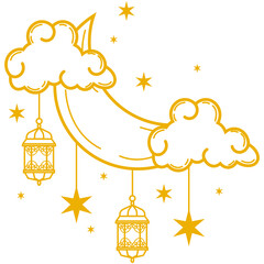 Lantern With Crescent Moon and Cloud. Composition with crescent moon lantern, cloud and stars for islamic holy month decoration. Decorative 3d elements for Muslim holidays