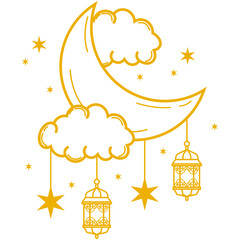 Lantern With Crescent Moon and Cloud. Composition with crescent moon lantern, cloud and stars for islamic holy month decoration. Decorative 3d elements for Muslim holidays