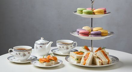 Elegant Afternoon Tea: Delicate Macarons and Savory Sandwiches Await