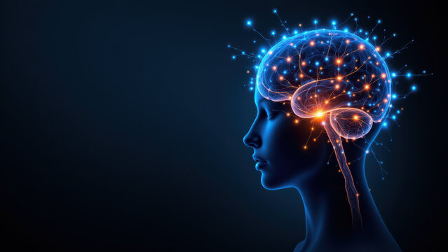 VNS - A medical illustration shows a human head with highlighted brain and nerves to depict vagus nerve stimulation for health-related concepts such as neurology, psychiatry, or depression treatments.
