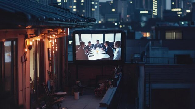 A large digital screen on the rooftop of a building displaying digital content