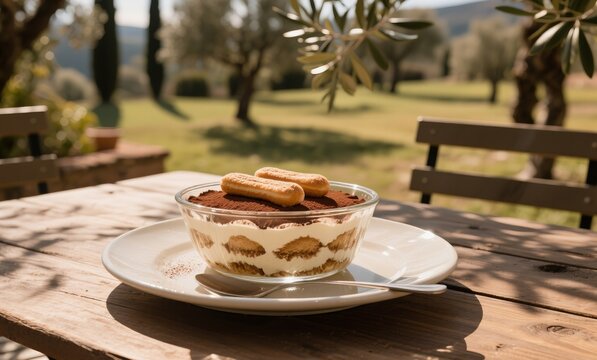 Tiramisu in glass dish photographed in villa courtyard with rustic ambiance and afternoon glow