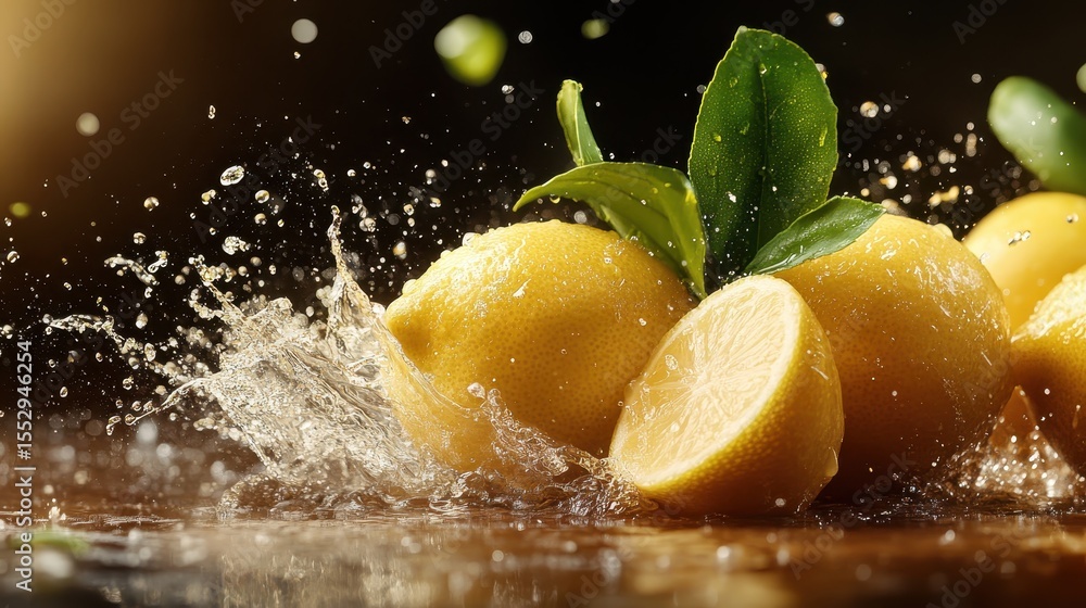 Poster vibrant lemons are splashing against a dark backdrop, creating a captivating visual effect that high