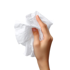 A hand holding a crumpled paper towel, offering a sense of cleanliness and hygiene.