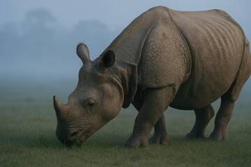 Obraz premium Solitary rhinoceros grazing on misty grassland at dawn with soft natural light and subtle background trees