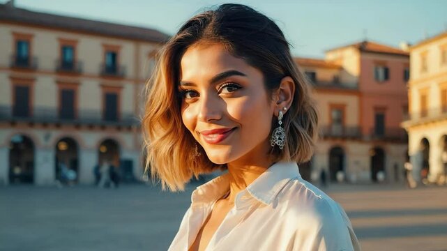 Beautiful woman portrait outdoors smiling in city square