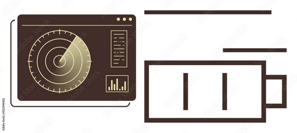 Poster radar display with circular scanning grid and stats beside a battery icon indicating charge. ideal f