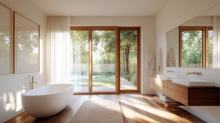 Fototapeta premium An elegant minimalist bathroom featuring a freestanding tub and large windows that invite natural light, creating a serene oasis for relaxation and rejuvenation.