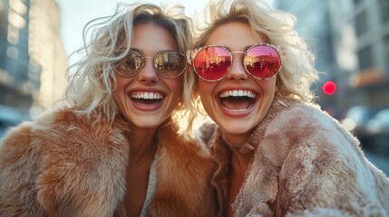 Two cheerful friends enjoy a sunny day in the city, capturing their joy and style while wearing fashionable sunglasses and faux fur coats, embodying youth and vibrancy.