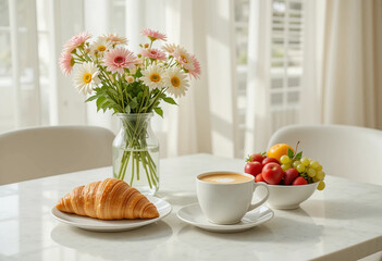 A pleasant breakfast atmosphere with a menu of a cup of coffee and a croissant.