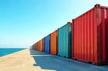 Cargo containers on the pier against the background of the blue sky, the concept of logistics import, export and transportation.