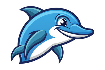 Cheerful blue dolphin cartoon character smiles showing white belly and fin details against a white background