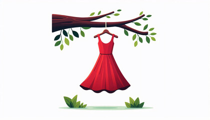 Symbolic vector of empty red dress on tree, representing national day of awareness for missing women