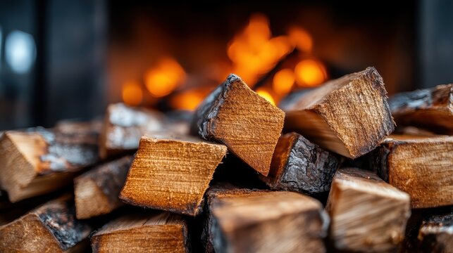 A close-up of neatly stacked firewood is ready for a cozy fireplace, with flames dancing in the background, creating a warm, inviting glow perfect for winter evenings.