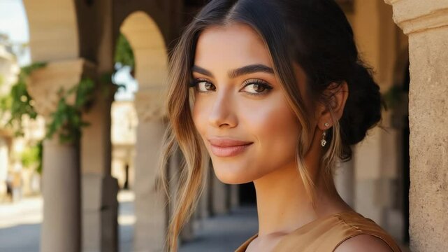 A beautiful woman with radiant skin and a captivating gaze, standing gracefully