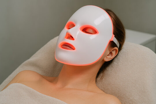 Woman receiving rejuvenating led light therapy facial treatment with glowing mask in modern wellness spa environment
