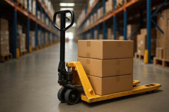 Manual pallet jack transporting stacked cardboard boxes in a large warehouse aisle with industrial shelving and bulk inventory