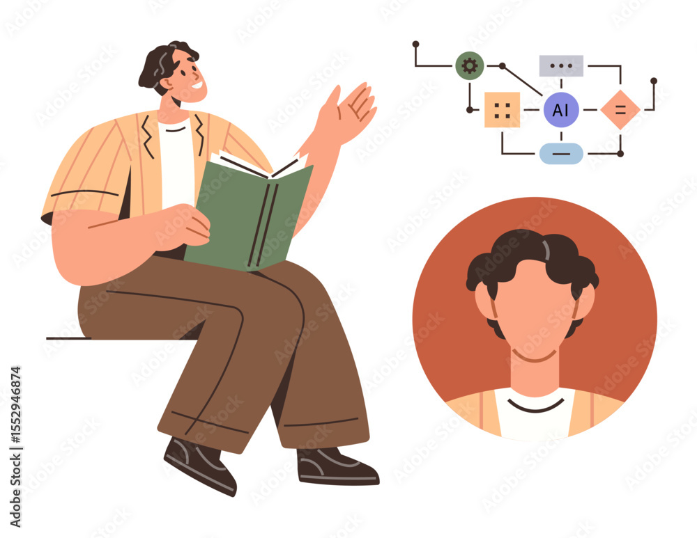 Poster person reading book with ai process flowchart, system nodes, and face recognition representation. id