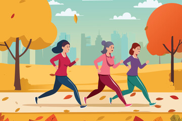Diverse women jog in a city park, embracing an active, healthy lifestyle vector illustration