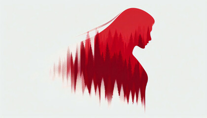 Artistic red outline of woman merging with forest, minimal style, symbolizing cultural disappearance and identity loss