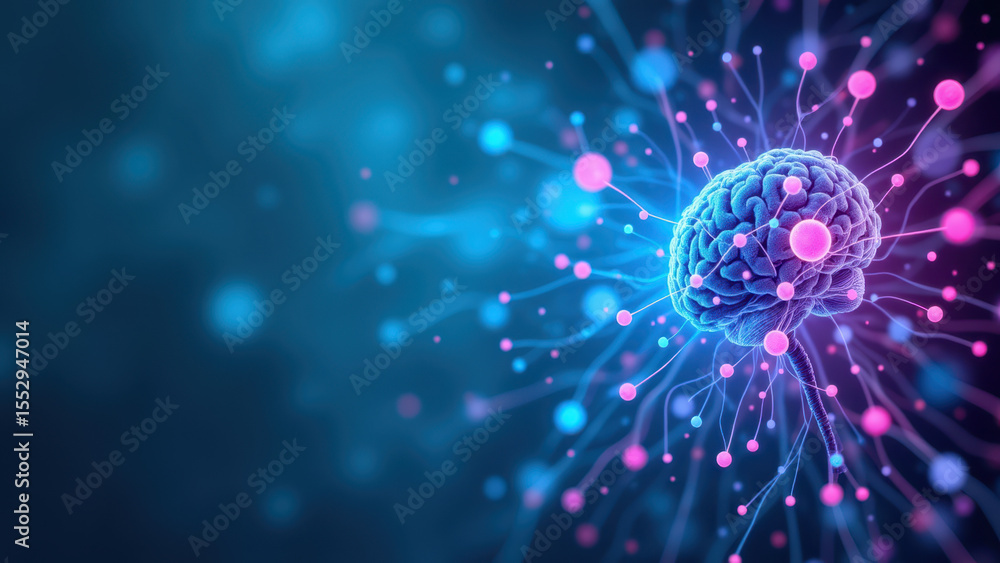 Poster an artistic representation of a brain with vns, showing neurons with purple nuclei connected by axon