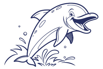 Fototapeta premium Cartoon dolphin leaps joyfully from the ocean, creating a playful splash with an open mouth