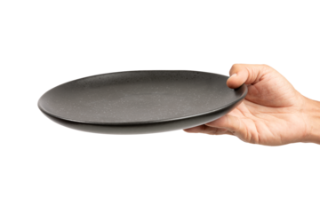 Male hand holding a black dish plate isolated no background cutout