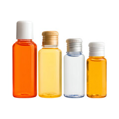 Four small, colorful, and transparent bottles, arranged in a row, each filled with a different liquid and sealed with a cap. These bottles evoke a sense of freshness and hygiene.