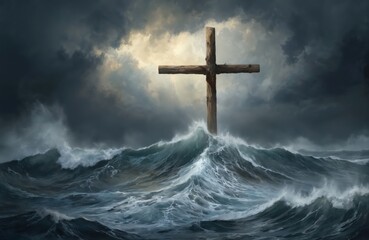 Illustration of wooden Christian cross in sea during storm. Symbol of faith, hope, salvation concept. Raging waves, dark stormy sky, clouds background. Divine light shines in heaven.