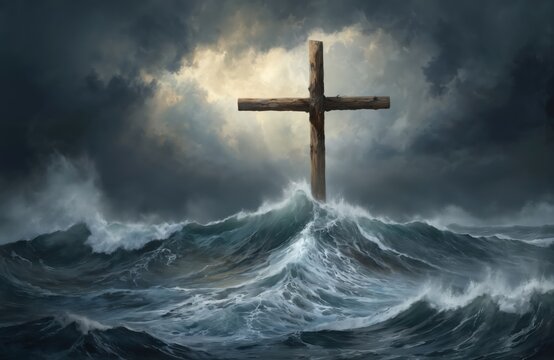 Illustration of wooden Christian cross in sea during storm. Symbol of faith, hope, salvation concept. Raging waves, dark stormy sky, clouds background. Divine light shines in heaven.