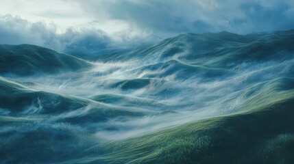 Fototapeta premium Misty mountain range scene with rolling hills.