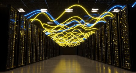 Dark server room, vibrant light trails