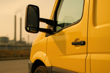 Yellow delivery van parked outdoors in industrial area with factories emitting smoke in the background under warm sunlight