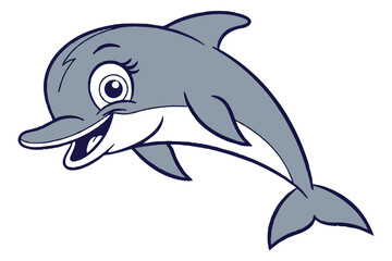Playful gray cartoon dolphin smiles with joy on a bright white background © Dipta