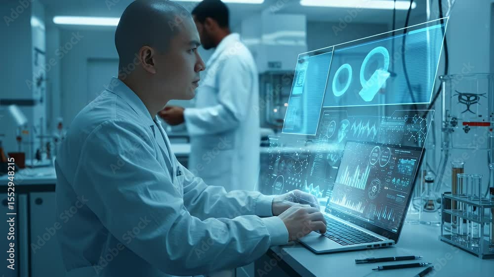Poster scientist in a lab using a laptop with holographic displays