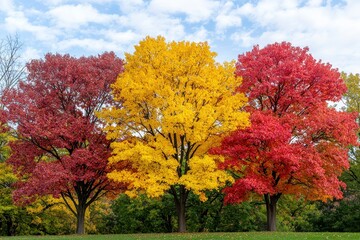 Naklejka premium Three Autumn Trees in Red, Yellow, and Crimson Against a Cloudy Sky