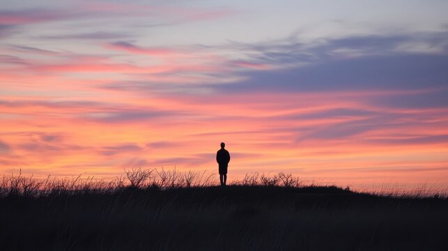 The silhouette of an individual stands against a vibrant sunset backdrop.