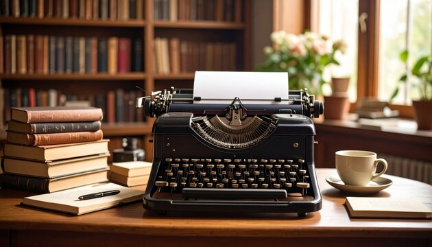 Vintage typewriter, books, and coffee, a cozy scene for writing inspiration