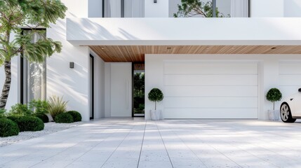 A stunning view of modern architecture showcasing a minimalist garage with clean lines and elegant landscaping, embodying a contemporary design aesthetic and lifestyle.