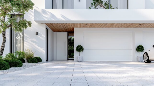 Fototapeta A stunning view of modern architecture showcasing a minimalist garage with clean lines and elegant landscaping, embodying a contemporary design aesthetic and lifestyle.