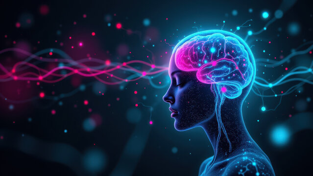 Vagus Nerve Stimulation with colorful energy waves emanating from a human brain.