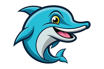 Cartoon dolphin smiles happily with its mouth open and its teeth showing prominently