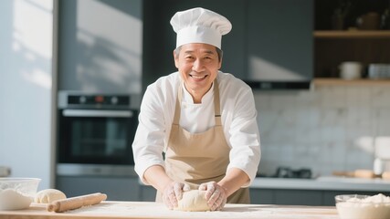 A smiling middle-aged Asian baker kneading dough.	
