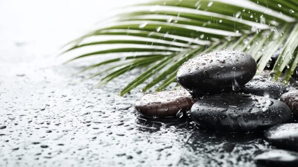 Close-up of wet spa stones and palm leaves immersed in water on a light background