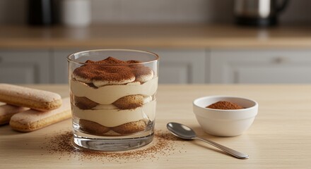 Indulge in the creamy layers of this delectable homemade tiramisu, perfectly presented in a glass.