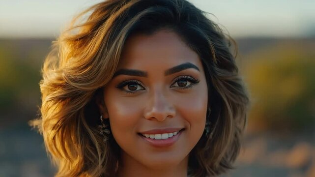 A radiant woman with a captivating smile basking in the warm glow of the sun. Her eyes exude warmth, and her overall expression conveys a sense of peace and serenity. Her sun-kissed skin.