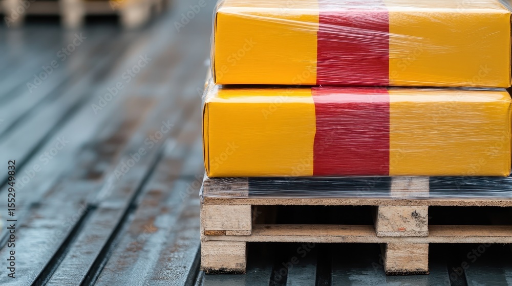 Poster a closeup image of neatly stacked colorful packages on a wooden pallet, emphasizing the organized ch