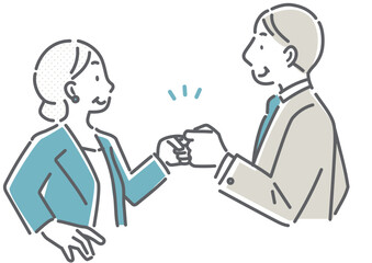 協力してプロジェクトに取り組む40代、50代のビジネスパーソン　シンプルでお洒落な線画イラスト