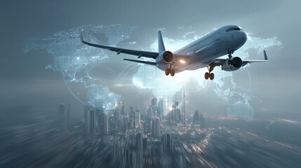 Concept image of a futuristic commercial airplane taking off with city skyline and digital world map in background