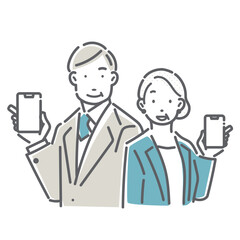 笑顔でスマホの画面を見せる40代、50代のビジネスパーソン　シンプルでお洒落な線画イラスト